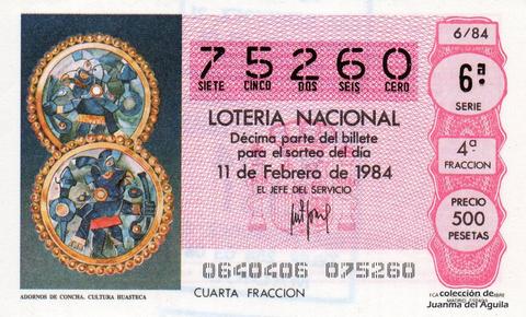 Décimo de Lotería Nacional de 1984 Sorteo 6 - ADORNOS DE CONCHA. CULTURA HUASTECA