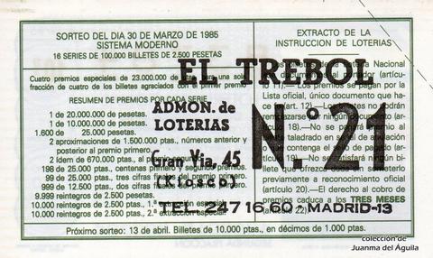 Reverso del décimo de Lotería Nacional de 1985 Sorteo 13