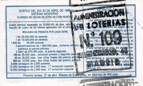 Reverso del décimo de Lotería Nacional de 1985 Sorteo 15