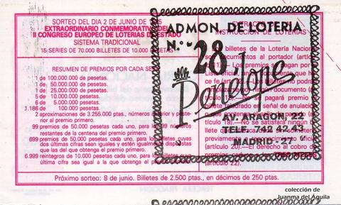 Reverso del décimo de Lotería Nacional de 1985 Sorteo 21