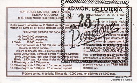 Reverso décimo de Lotería 1985 / 25
