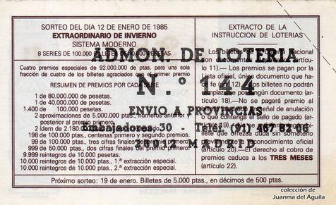 Reverso del décimo de Lotería Nacional de 1985 Sorteo 2