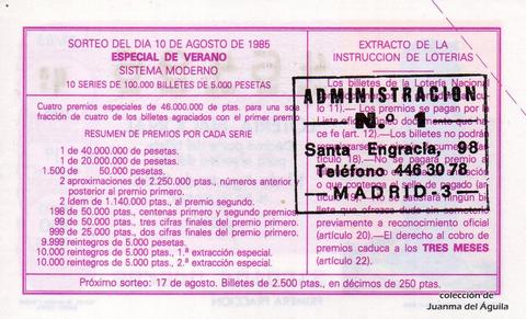 Reverso del décimo de Lotería Nacional de 1985 Sorteo 31