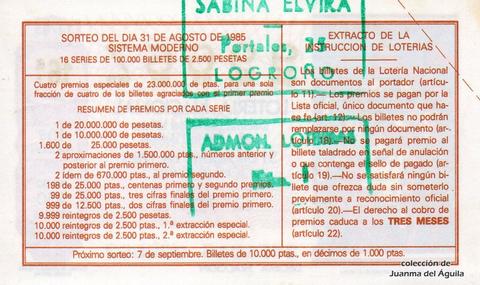 Reverso del décimo de Lotería Nacional de 1985 Sorteo 34