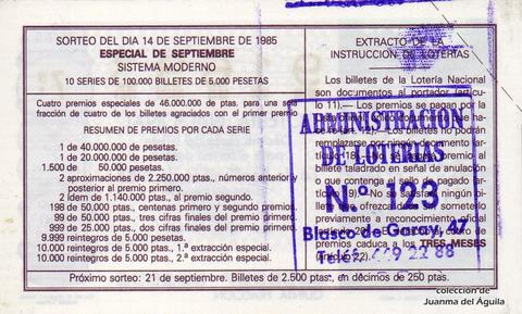 Reverso del décimo de Lotería Nacional de 1985 Sorteo 36