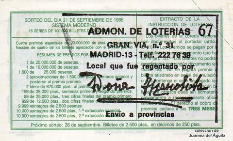 Reverso del décimo de Lotería Nacional de 1985 Sorteo 37