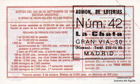 Reverso del décimo de Lotería Nacional de 1985 Sorteo 38