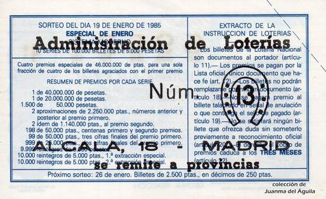 Reverso del décimo de Lotería Nacional de 1985 Sorteo 3