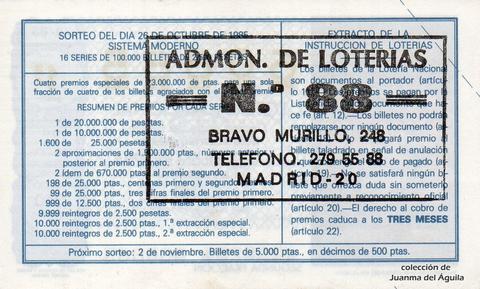 Reverso del décimo de Lotería Nacional de 1985 Sorteo 42