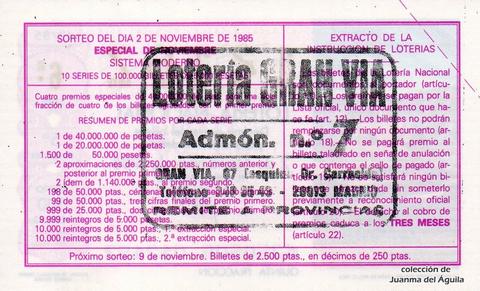 Reverso del décimo de Lotería Nacional de 1985 Sorteo 43