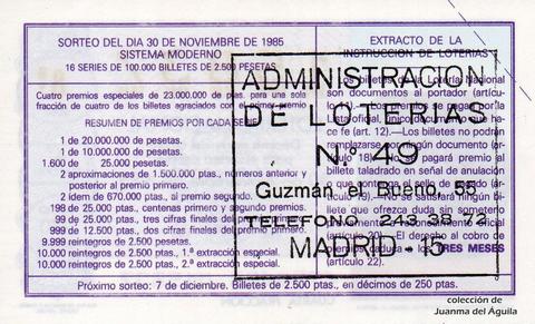 Reverso del décimo de Lotería Nacional de 1985 Sorteo 47