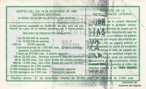 Reverso del décimo de Lotería Nacional de 1985 Sorteo 49