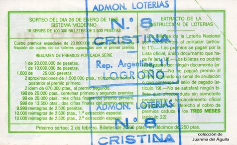 Reverso del décimo de Lotería Nacional de 1985 Sorteo 4
