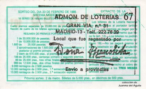 Reverso del décimo de Lotería Nacional de 1985 Sorteo 8