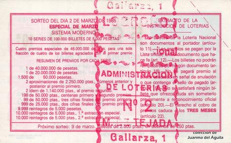 Reverso décimo de Lotería 1985 / 9