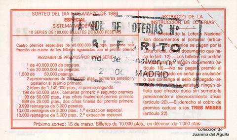 Reverso del décimo de Lotería Nacional de 1986 Sorteo 10