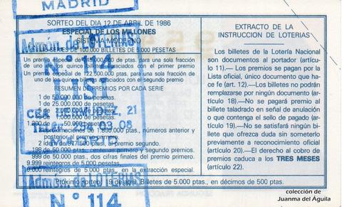 Reverso del décimo de Lotería Nacional de 1986 Sorteo 15