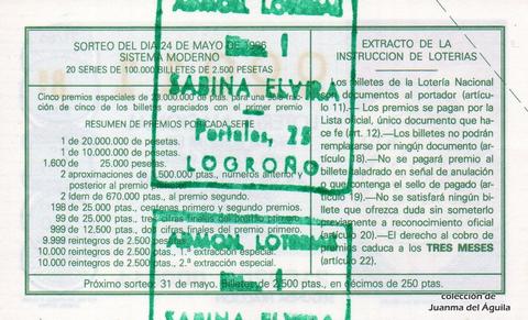 Reverso del décimo de Lotería Nacional de 1986 Sorteo 21