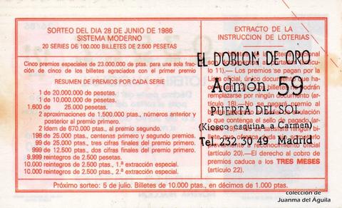 Reverso del décimo de Lotería Nacional de 1986 Sorteo 26