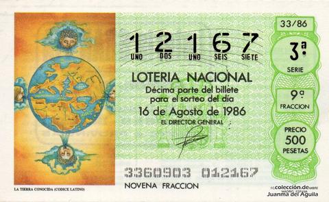Décimo de Lotería Nacional de 1986 Sorteo 33 - LA TIERRA CONOCIDA (CODICE LATINO)