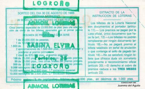 Reverso del décimo de Lotería Nacional de 1986 Sorteo 35