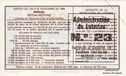 Reverso del décimo de Lotería Nacional de 1986 Sorteo 45