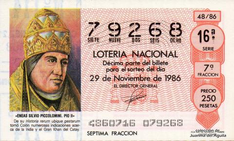 Décimo de Lotería Nacional de 1986 Sorteo 48 - «ENEAS SILVIO PICCOLOMINI. PIO II»