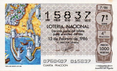 Décimo de Lotería Nacional de 1986 Sorteo 7 - VISTA DE GENOVA EN 1481