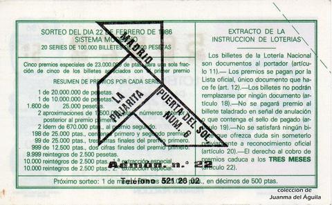 Reverso décimo de Lotería 1986 / 8