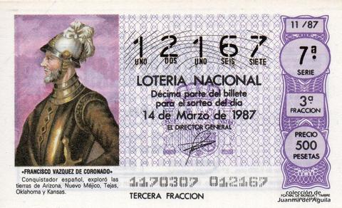 Décimo de Lotería Nacional de 1987 Sorteo 11 - «FRANCISCO VAZQUEZ DE CORONADO»