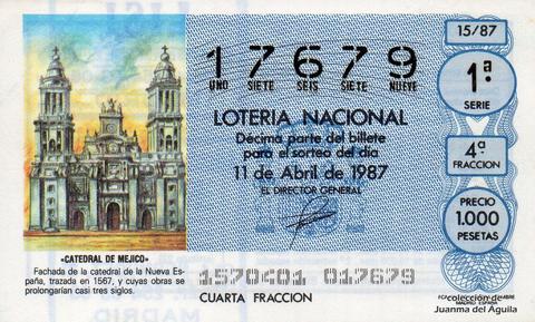 Décimo de Lotería Nacional de 1987 Sorteo 15 - «CATEDRAL DE MEJICO»