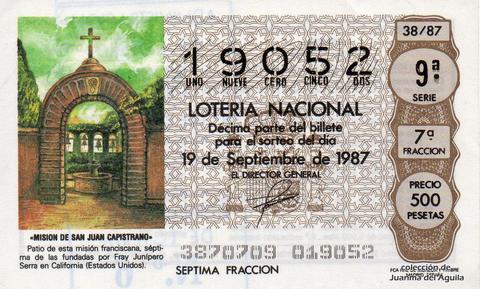 Décimo de Lotería Nacional de 1987 Sorteo 38 - «MISION DE SAN JUAN CAPISTRANO»