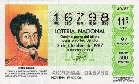 Décimo de Lotería Nacional de 1987 Sorteo 40 - «SIMON BOLIVAR»