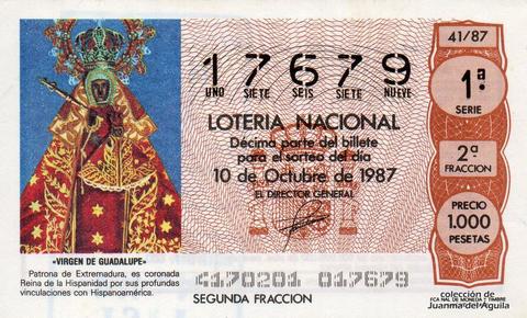 Décimo de Lotería Nacional de 1987 Sorteo 41 - «VIRGEN DE GUADALUPE»
