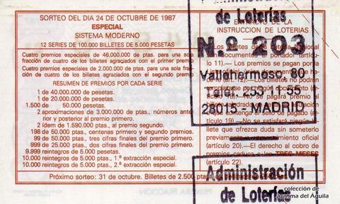 Reverso décimo de Lotería 1987 / 43