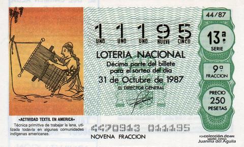 Décimo de Lotería Nacional de 1987 Sorteo 44 - «ACTIVIDAD TEXTIL EN AMERICA»