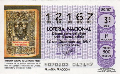 Décimo de Lotería Nacional de 1987 Sorteo 50 - «HISTORIA GENERAL DE LAS INDIAS (1535)»