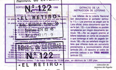 Reverso del décimo de Lotería Nacional de 1988 Sorteo 18