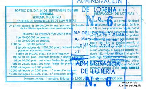 Reverso décimo de Lotería 1988 / 39