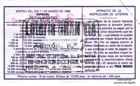 Reverso décimo de Lotería 1989 / 10