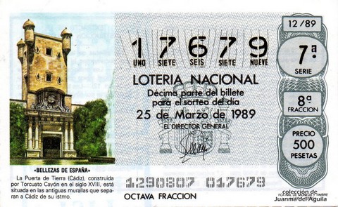 Décimo de Lotería Nacional de 1989 Sorteo 12 - «BELLEZAS DE ESPAÑA» - PUERTA DE TIERRA (CADIZ)