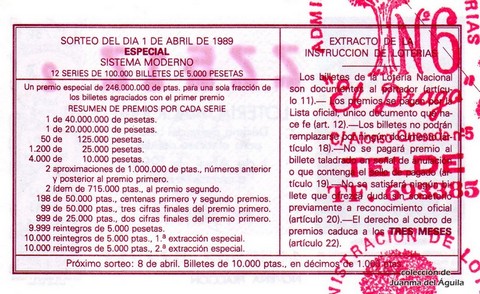 Reverso décimo de Lotería 1989 / 13