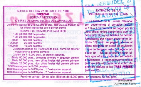 Reverso décimo de Lotería 1989 / 29