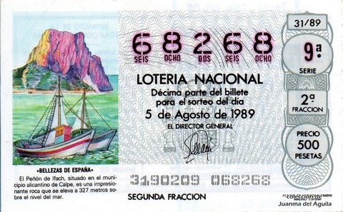 Décimo de Lotería Nacional de 1989 Sorteo 31 - «BELLEZAS DE ESPAÑA» - PEÑON DE IFACH, CALPE (ALICANTE)