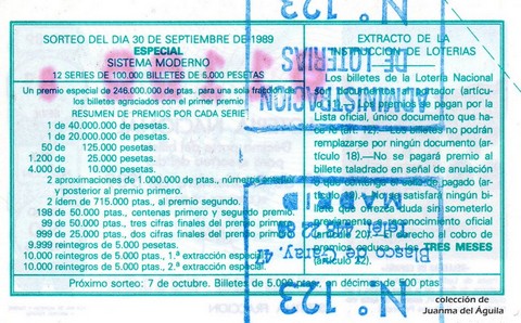 Reverso décimo de Lotería 1989 / 39