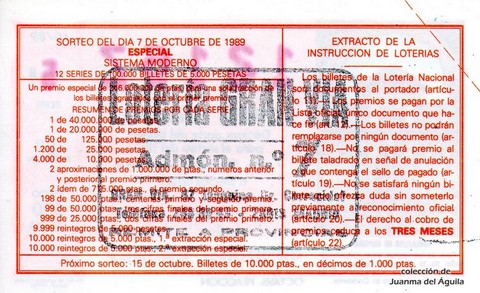 Reverso décimo de Lotería 1989 / 40