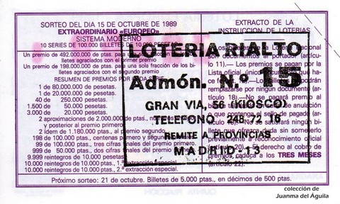 Reverso décimo de Lotería 1989 / 41