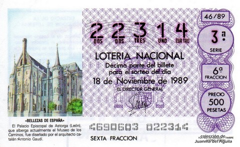 Décimo de Lotería Nacional de 1989 Sorteo 46 - «BELLEZAS DE ESPAÑA» - PALACIO EPISCOPAL DE ASTORGA (LEON)
