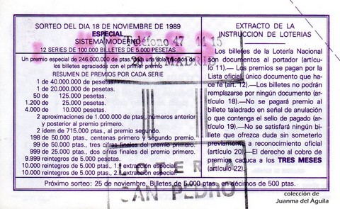 Reverso décimo de Lotería 1989 / 46