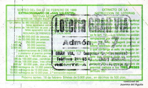 Reverso décimo de Lotería 1989 / 6